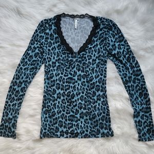 Y2K Blue Leopard Long Sleeve Top